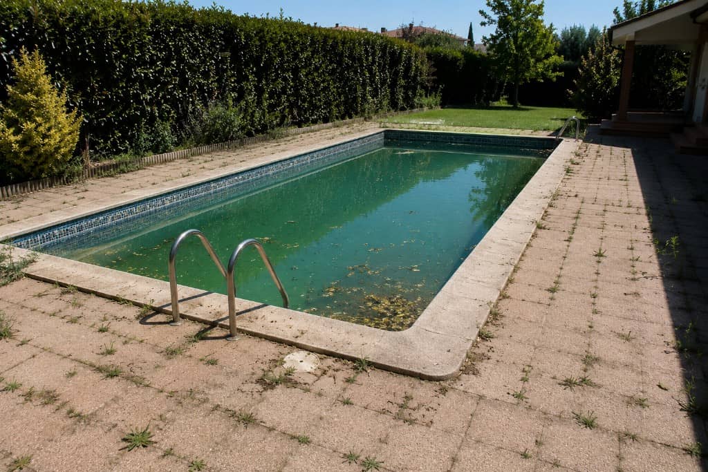 Piscina de chalet antes de la reforma, con agua verde y playa desgastada