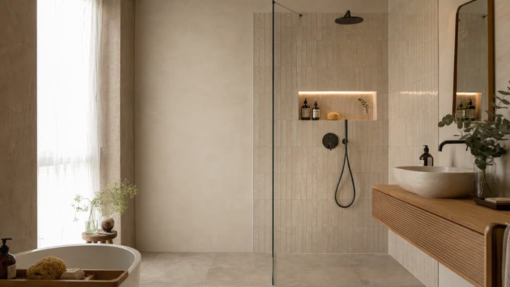 Baño suite de chalet con bañera exenta y lavabo doble