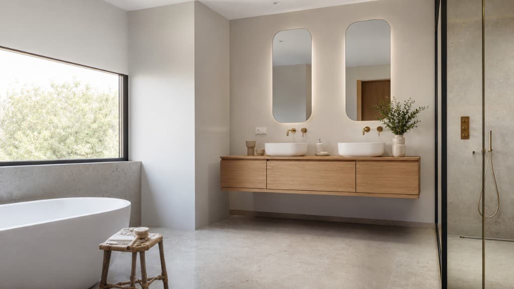 Baño suite de chalet con doble lavabo, bañera exenta y ducha walk-in