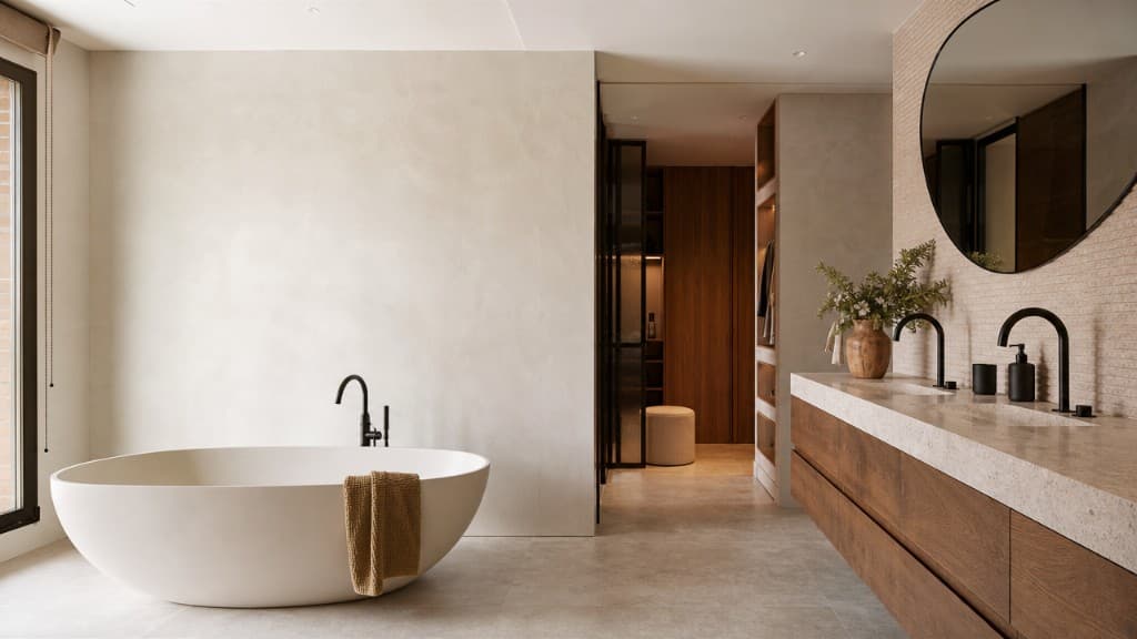 Baño principal de chalet con doble lavabo, espejos LED y bañera
