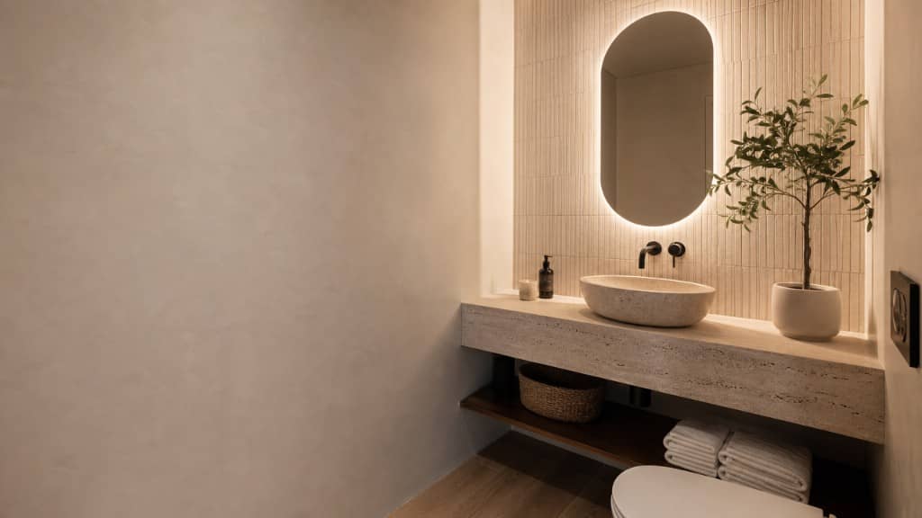 Aseo de invitados en chalet con lavabo de piedra y espejo iluminado