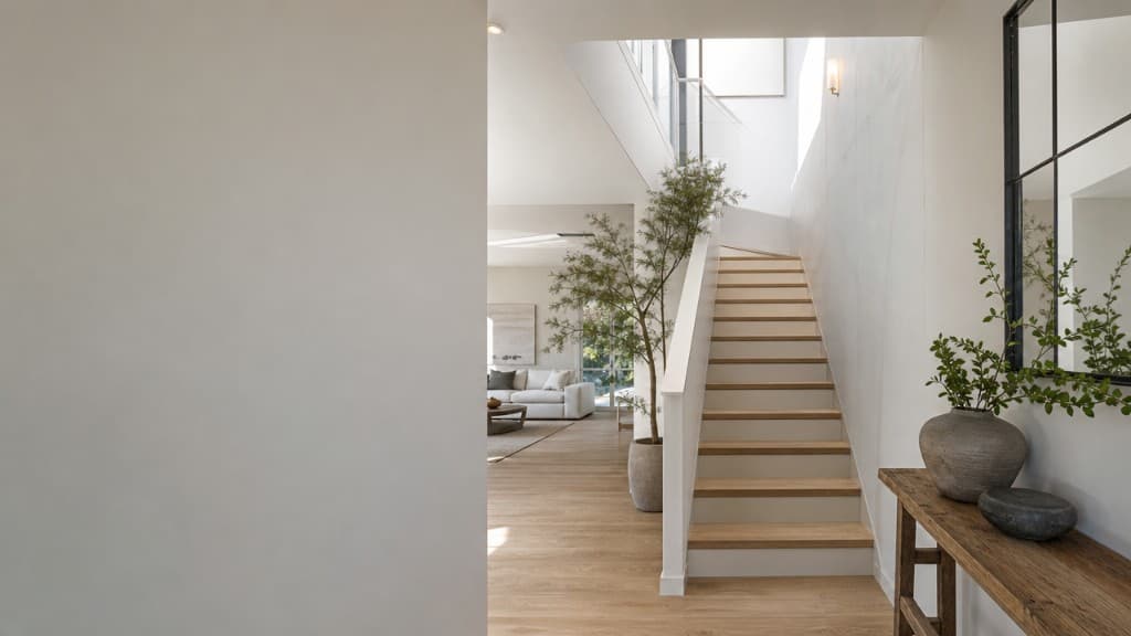 Hall de chalet con consola, escalera y conexión al salón