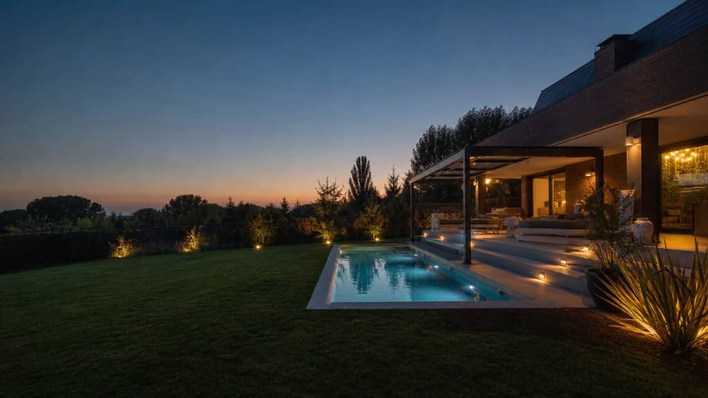 Piscina y terraza de chalet al atardecer con iluminación exterior