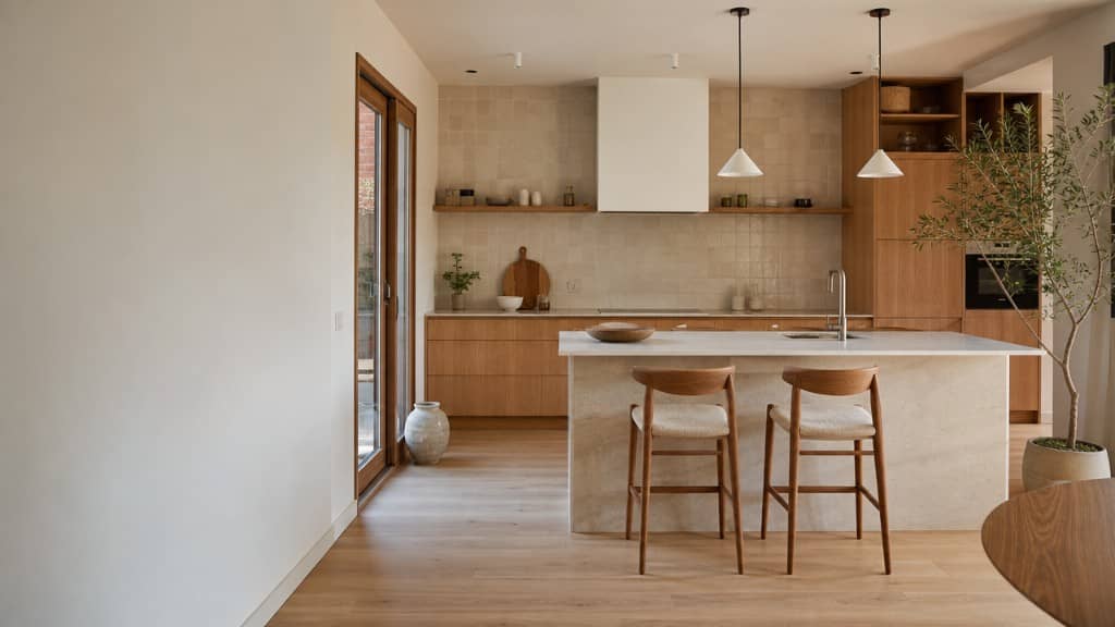 Cocina isla de madera con puertas al jardín en reforma de chalet
