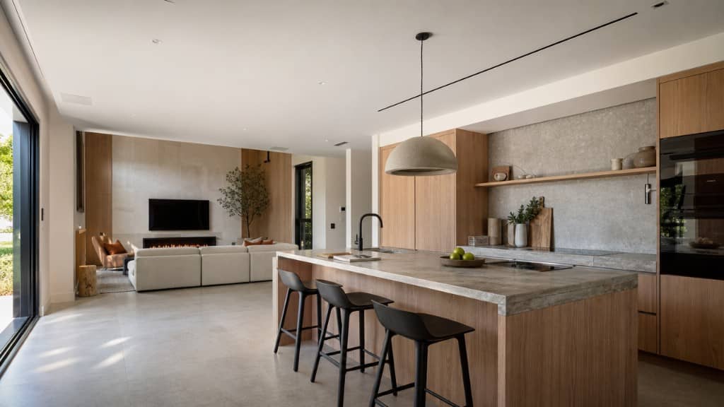 Cocina con isla integrada al salón con chimenea lineal en chalet reformado