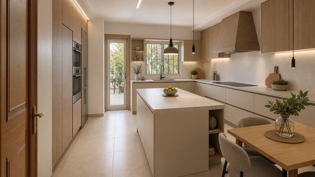 Cocina de chalet reformada con isla y acabados contemporáneos
