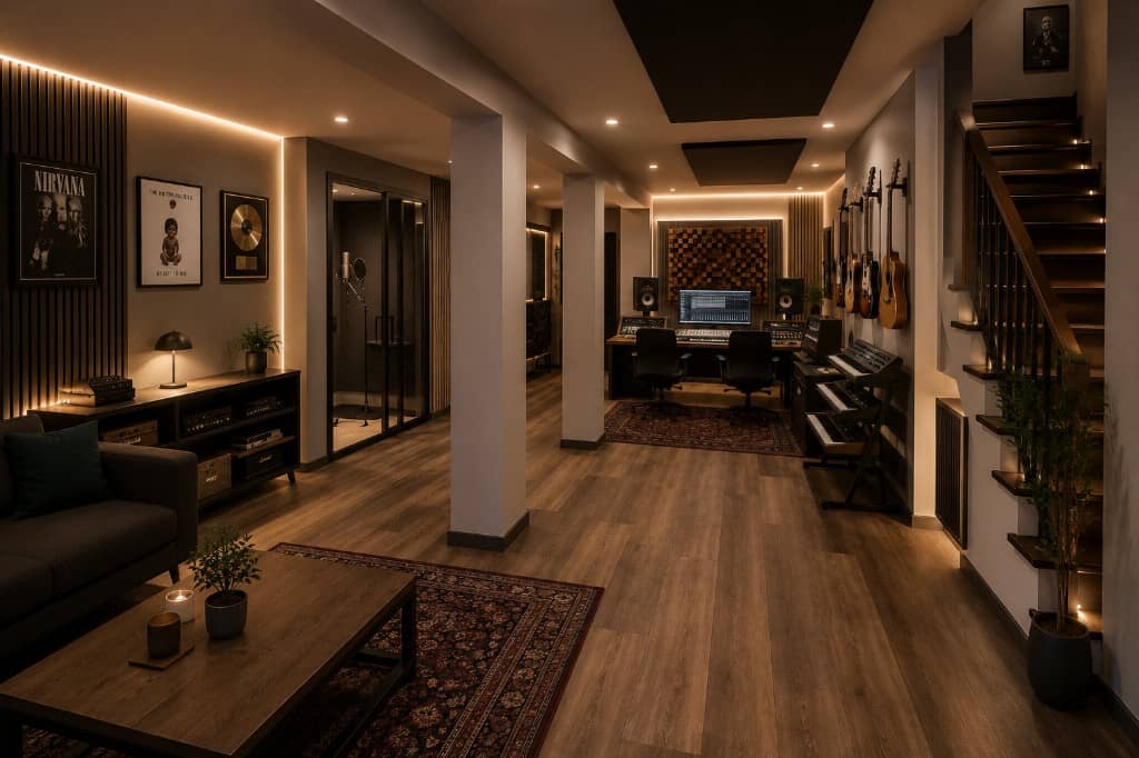 Sótano de chalet convertido en estudio de música con cabina, mesa de mezclas y lounge