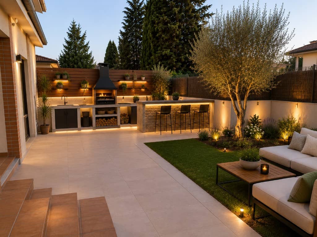 Cocina exterior y barbacoa de chalet reformadas con barra e iluminación
