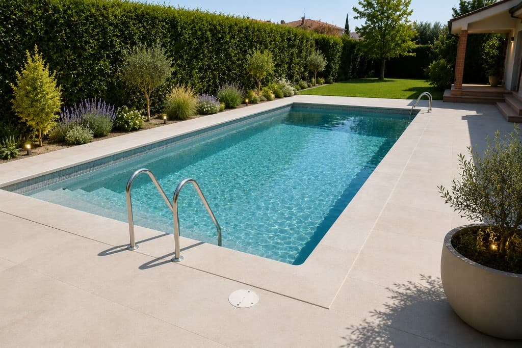 Piscina de chalet reformada con agua limpia, playa y jardín perimetral