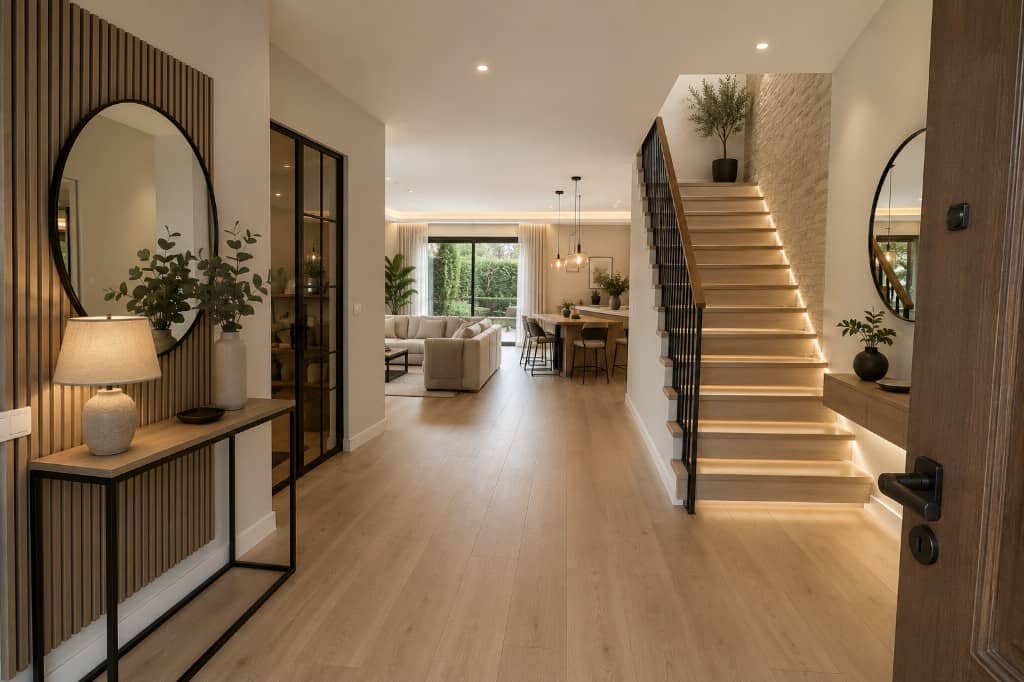 Planta baja de chalet reformada a concepto abierto con salón y jardín
