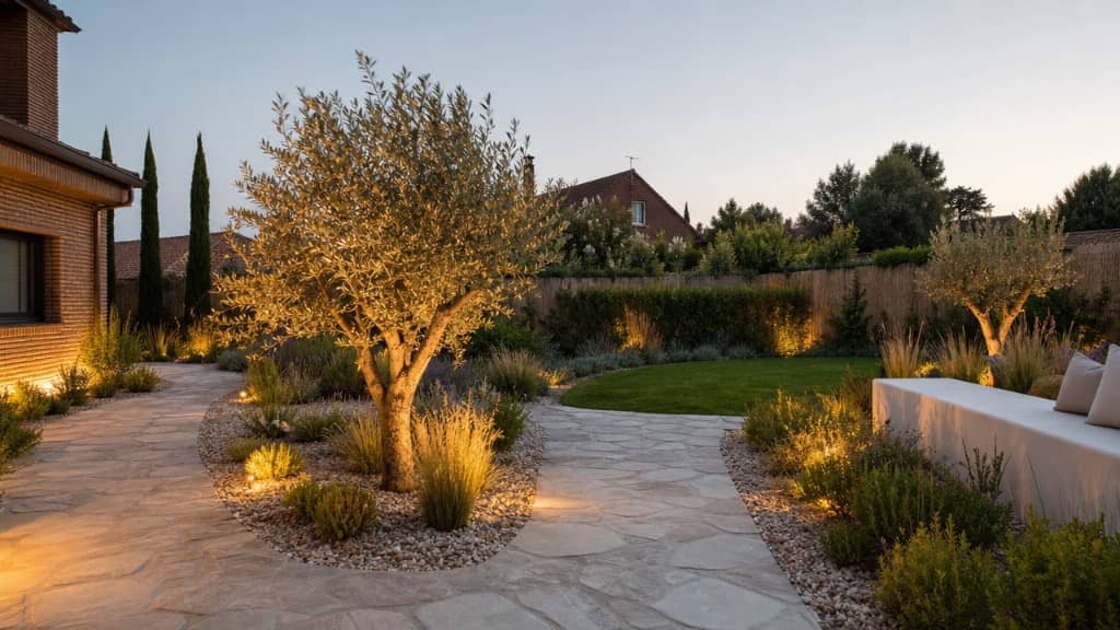 Jardín de chalet al anochecer con olivo iluminado y camino de piedra