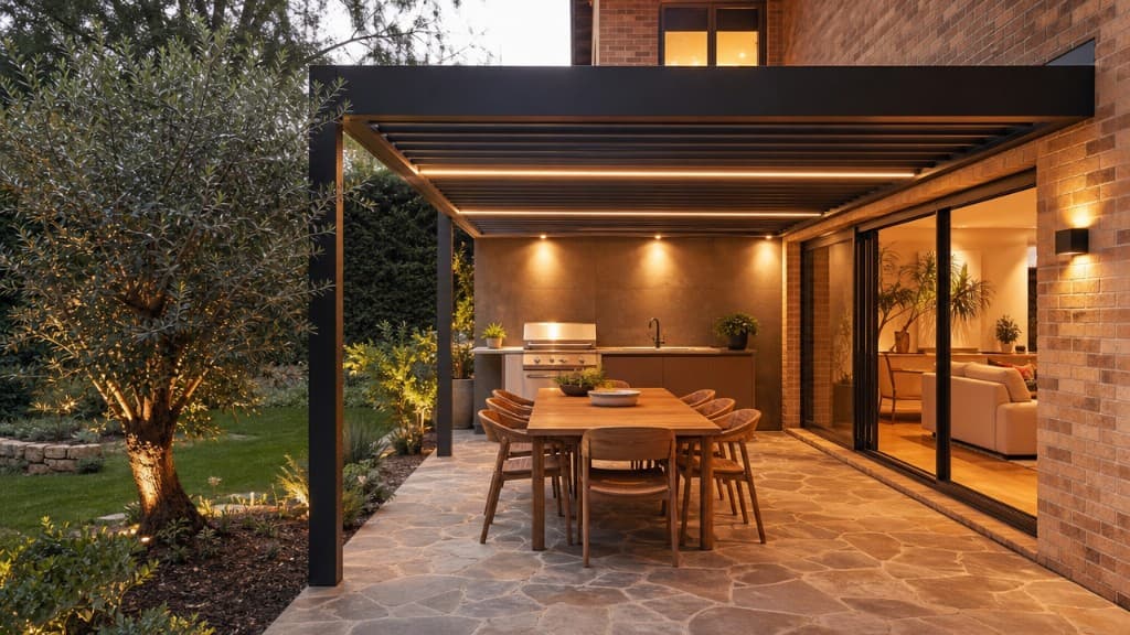Pérgola de chalet con cocina exterior, comedor e iluminación LED