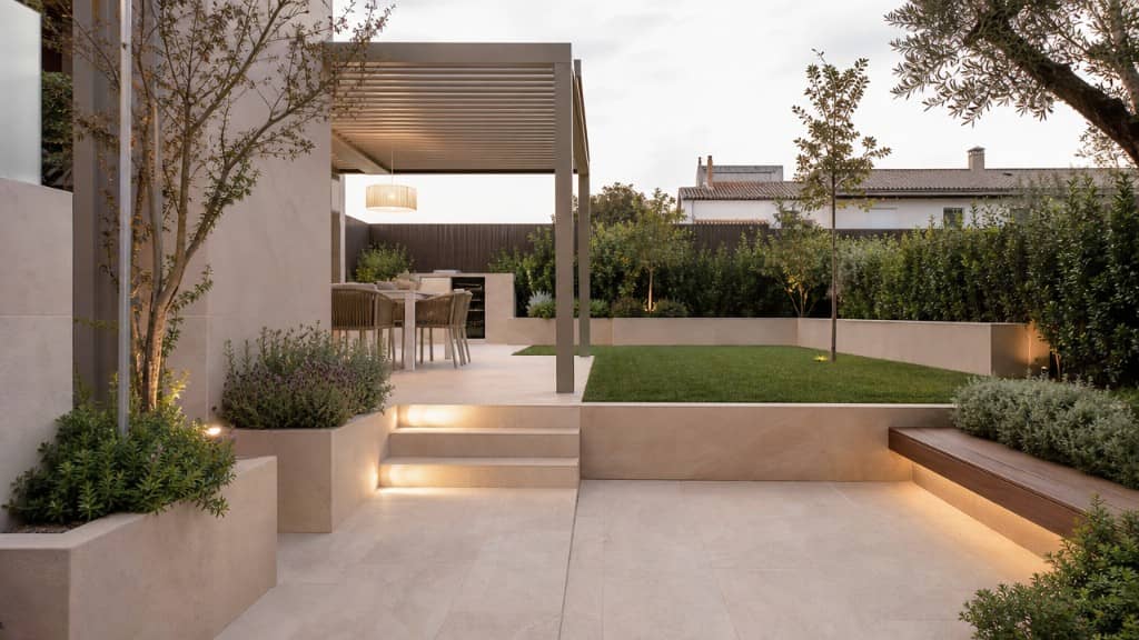 Jardín de chalet con pérgola, escalones iluminados y césped zonificado