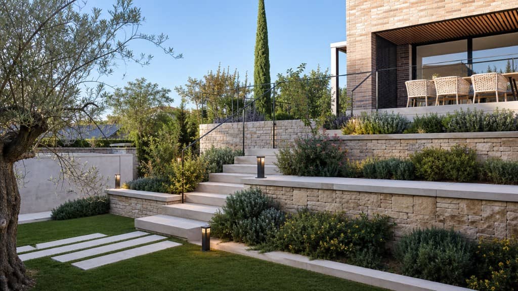 Jardín en terrazas de piedra con escalera y balizas en chalet