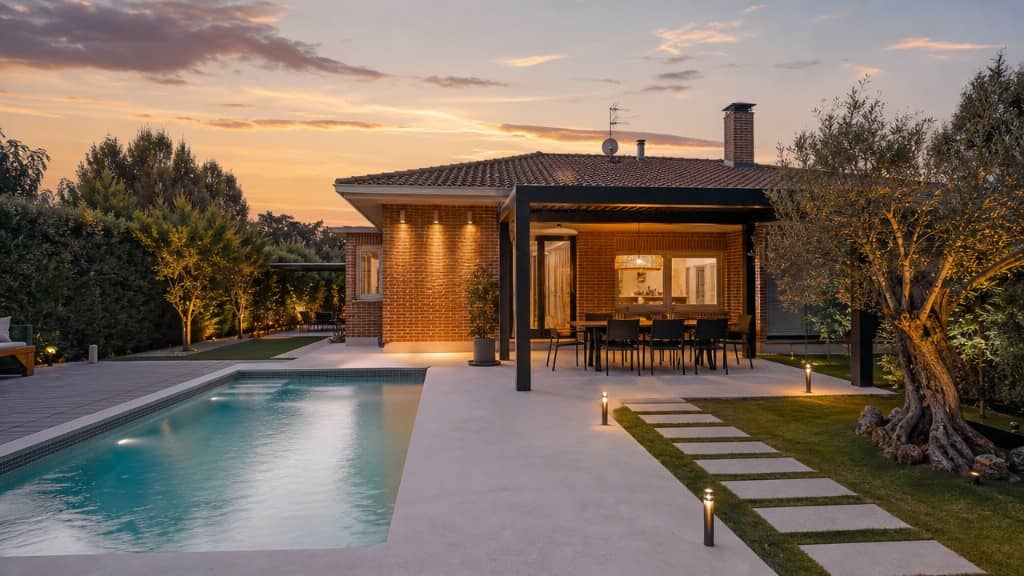Piscina rectangular de chalet al atardecer con pérgola e iluminación