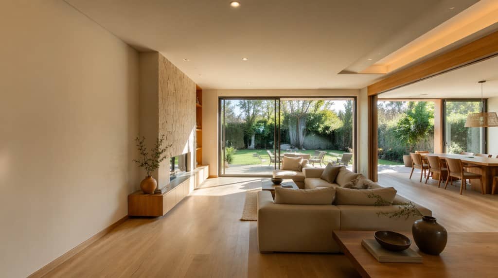Interior de chalet reformado con salón amplio y acabados contemporáneos