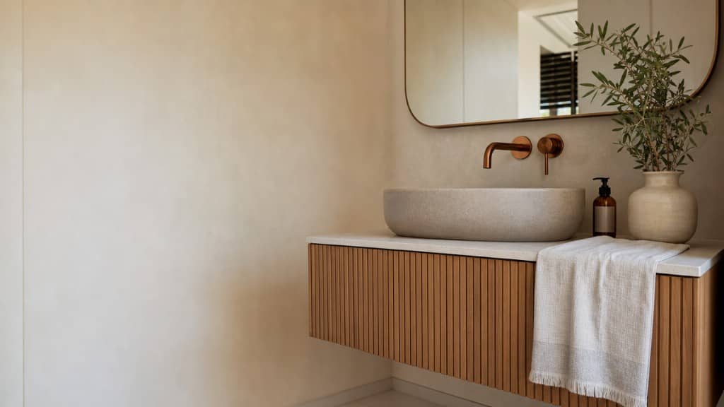 Detalle de mueble suspendido de baño con lavabo sobre encimera y grifería cobre