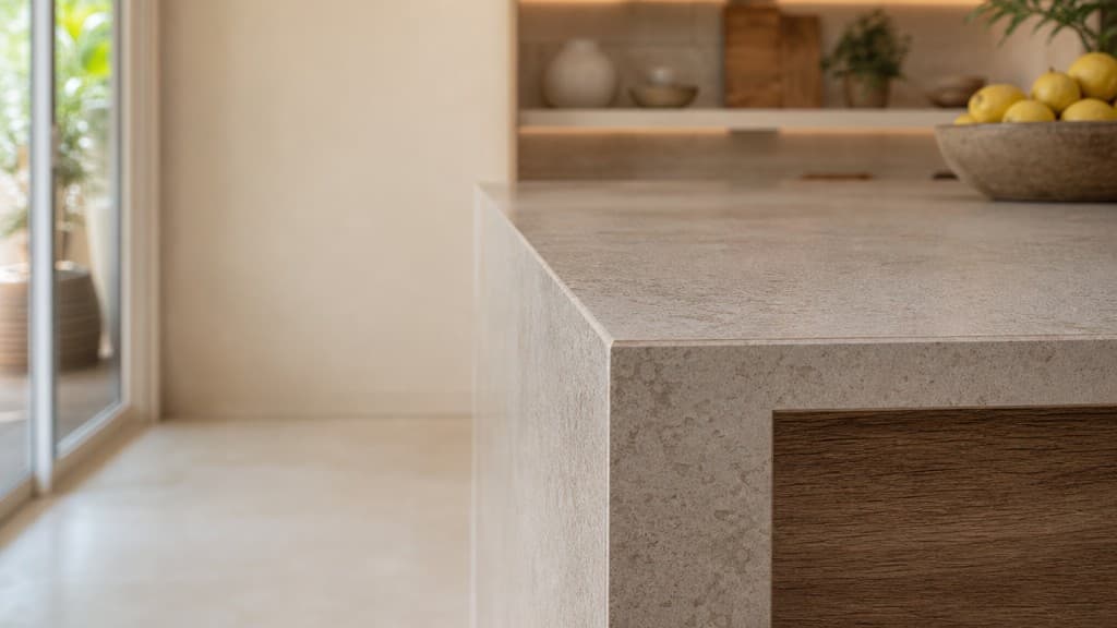 Detalle de encimera de piedra en cocina reformada